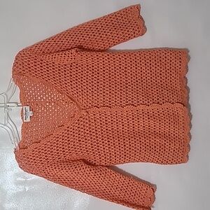 NORM THOMPSON Linen Blend Coral Crochet Cardigan‎ Sweater - Size Small